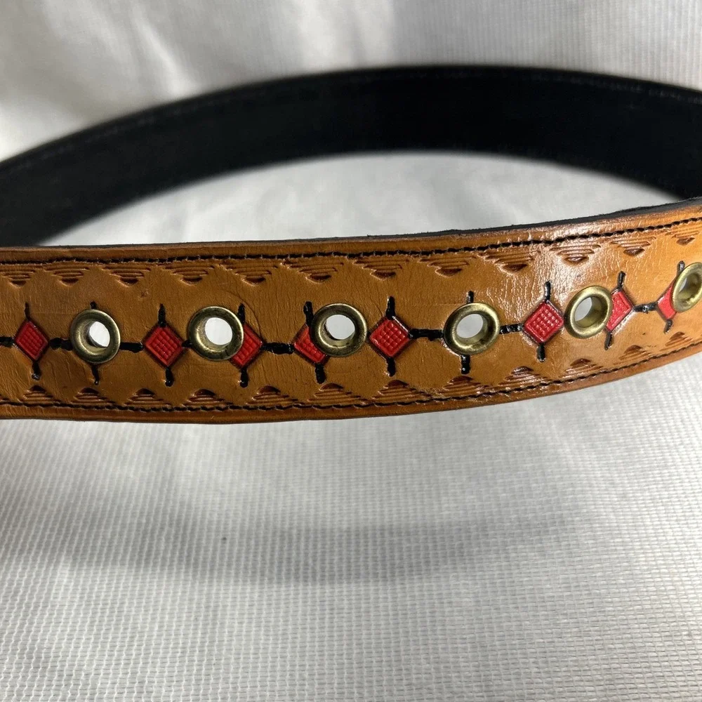 Leather Belt With Red Square Design. Size 36 Made In USA Buckle